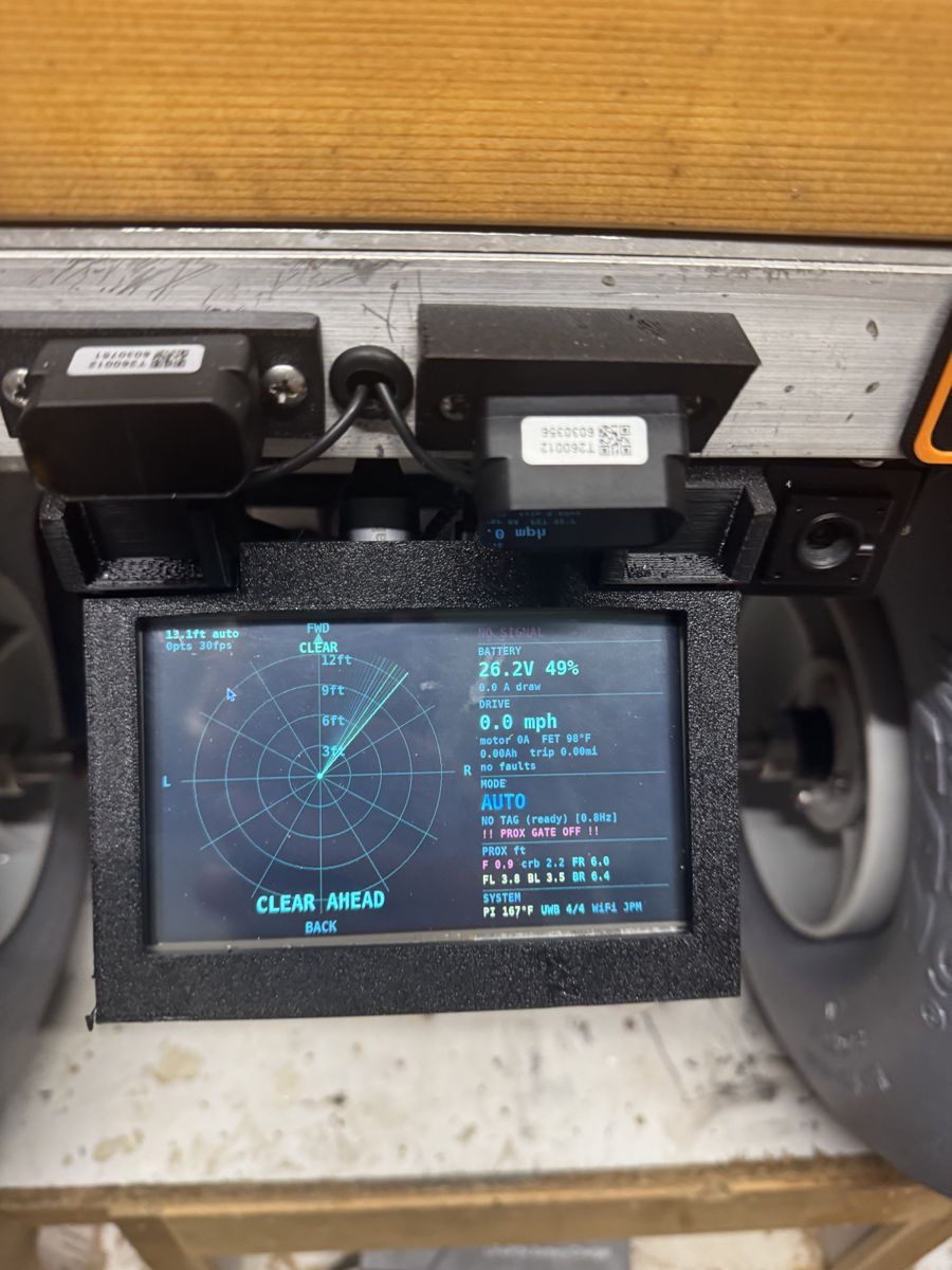 Onboard display showing live obstacle radar and drive telemetry
