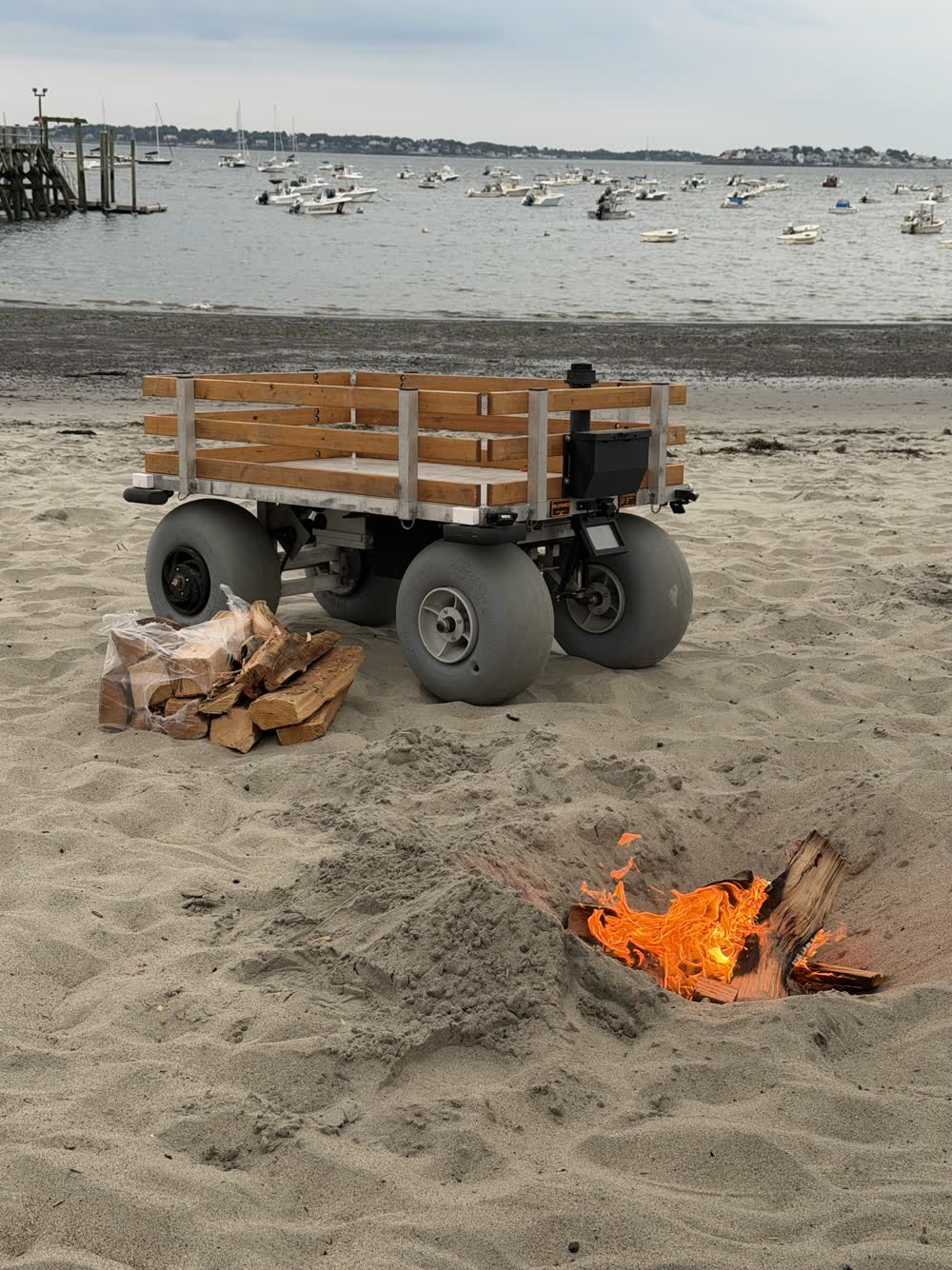 Firewood stacked beside the cart on the sand, the fire burning in a pit in the foreground
