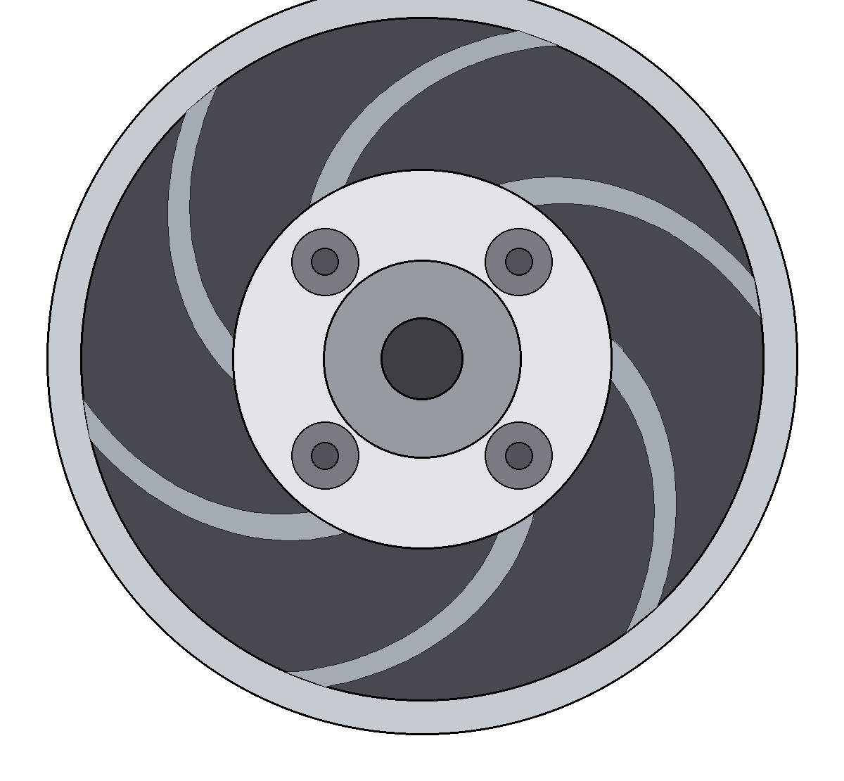 Face view of the printed hub: open web with six swirled vanes around a four-bolt center boss